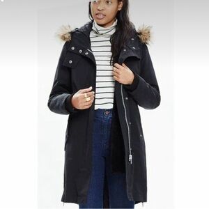Madewell Field Parka Faux Fur Trim Black Spring Rain Coat Jacket XS